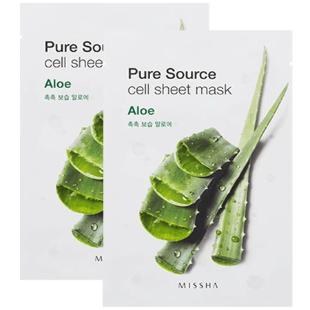 Missha แพ็คคู่สุดคุ้ม!! Pure Source Cell Sheet Mask-Aloe 21g x 2 แผ่นมาส์กหน้านุ่มละมุนผิว ช่วยส่งมอบคุณค่าการบำรุงเข้าสู่ผิวได้อย่างมีประสิทธิภาพ ช่วยให้ผิวแลดุชุ่มชื่น ฉ่ำน้ำ